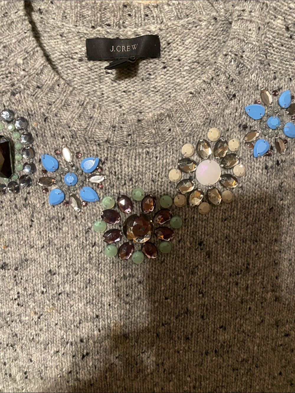 J. Crew Gray Sweater with Blue, Green and Gold Jewel Accents